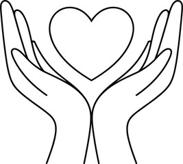Two open hands gently cradle a large heart shape in a simple and heartwarming continuous line drawing