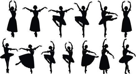 Obraz premium Ballet Dancer Silhouette Collection with Graceful Female Dance Poses, Classical Performance and Artistic Movement Illustration Set