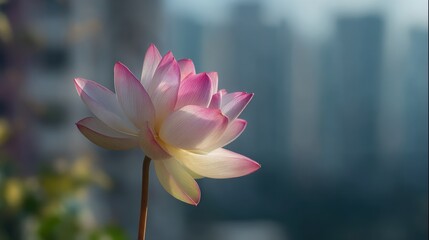 Pink lotus flower against blurred backdrop
