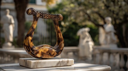 Antique Wooden Lyre on Marble Pedestal