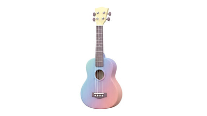 A colorful ukulele with a rainbow effect sits on a plain background.