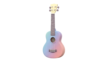 A colorful ukulele with a rainbow effect sits on a plain background.