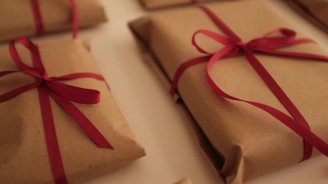 Christmas presents wrapped in brown craft paper and tied with thin red ribbon. Simple and modern wrapping aesthetics. Winter holidays gift giving tradition. Secret Santa.