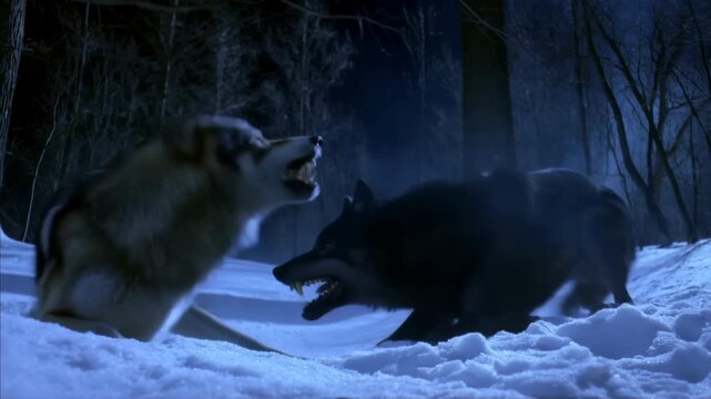 Wolves Face Off, Snowy Forest Struggle Under Moon, Gray And Black Wolves Confront Each Other Fiercely