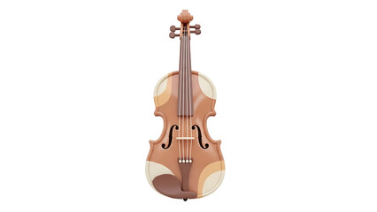 A violin is viewed from front with a unique camouflage design in a clean white environment.