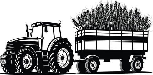 Farm Tractor with Harvest Trailer Silhouette Carrying Wheat Crops, Agricultural Machinery Vector Illustration for Farming, Rural, and Agribusiness Design © Nayan