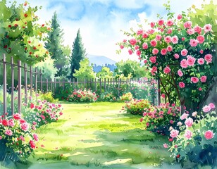 hand drawn watercolor painting of beautiful garden. landscape painting with climbing 
