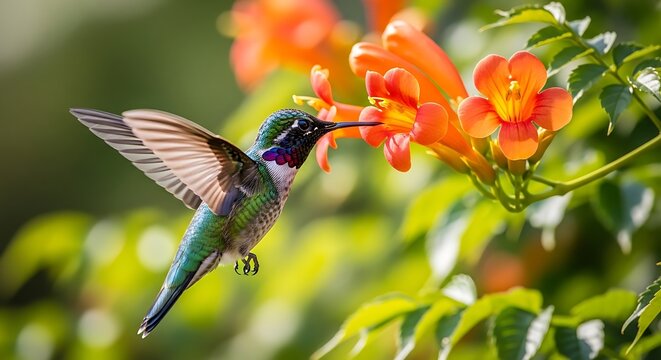 Hummingbird Feeding on Trumpet Vine Flowers in Vibrant Garden Setting.