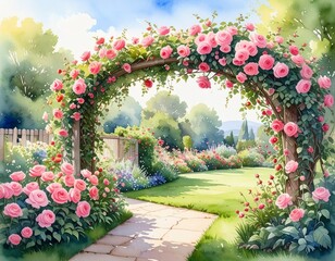 hand drawn watercolor painting of beautiful garden. landscape painting with climbing 