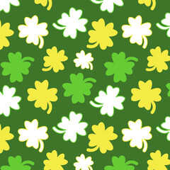 Seamless Clover and Shamrock Pattern in Green and Yellow. Playful St. Patrick&rsquo;s Day Illustration for Wrapping Paper, Greeting Cards and Festive Designs