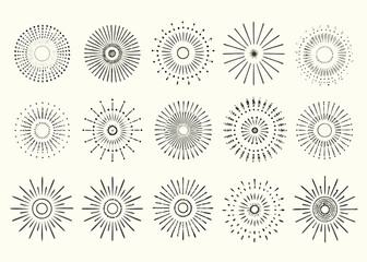 Collection of abstract starburst shapes and radial line designs in black