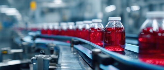 Bottles of red liquid moving on a conveyor belt in a production line