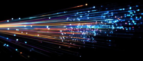 Abstract illustration of data flow with bright glowing lights on black background