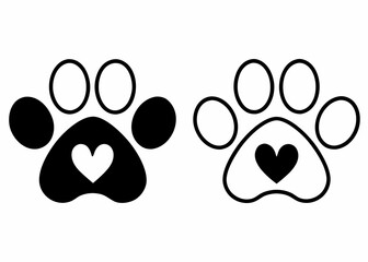 Two black and white paw prints featuring a heart shaped pad design © bashanti