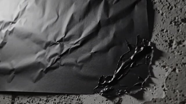 Dark crumpled parchment placard display, empty adhesive furrowed stationery page template, charcoal crushed texture advertisement layout on ebony surface, distressed flyer design.