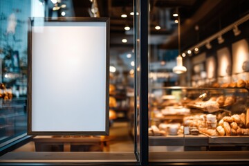 Vertical blank poster mockup on a bakery window with bread display inside