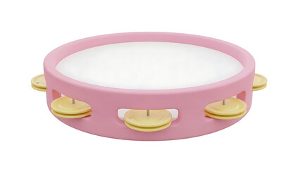 A pink tambourine with gold cymbals sits on a white background.