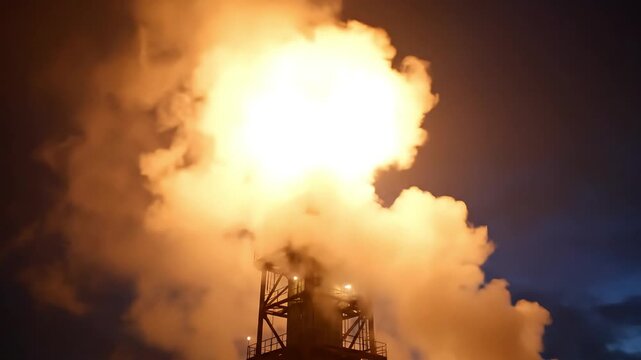 Intense industrial flare stack burning brightly, releasing powerful flames and smoke into the dark evening sky at an energy facility