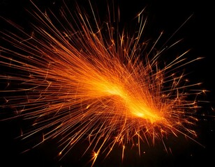 A brilliant shower of fiery orange and red sparks erupts in a dynamic burst against a dark backdrop, creating a captivating display of light, energy, and celebration