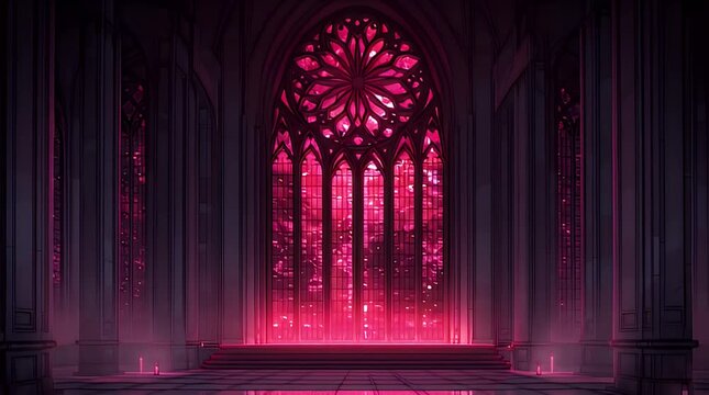 Gothic interior with a large stained glass window glowing bright pink, reflected on a stone floor