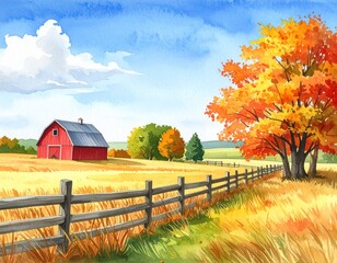 Hand drawn watercolor painting of farmland in fall. Landscape painting with red bar