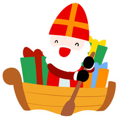 Cute Sinterklaas Cartoon Character on Boat with Gifts, Saint Nicholas Flat Illustration for Kids Holiday Design