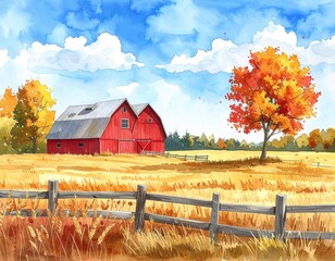 Hand drawn watercolor painting of farmland in fall. Landscape painting with red bar