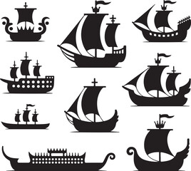 Collection of vintage sailing ships and boats illustration set