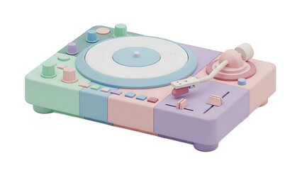 A colorful record player with pastel hues is displayed on a clean background.