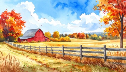 Hand drawn watercolor painting of farmland in fall. Landscape painting with red bar