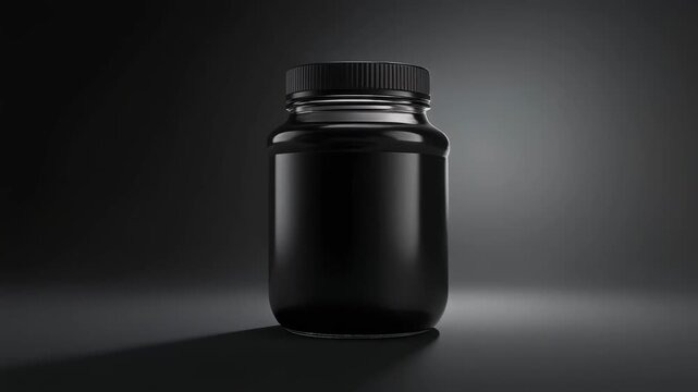 Sleek minimalist black glass bottle with a matching cap in a professional studio shot on a dark gradient background, ideal for product branding and mockup designs