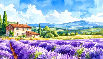 hand drawn watercolor painting of beautiful Italian countryside. landscape painting 