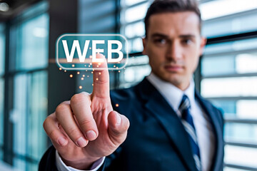 A businessman clicking the virtual WEB button for the concept of technology and internet.