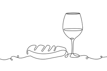 A single, continuous strip of steak has a wine glass placed beside it. Single line drawing Editable stroke. © Proongnee