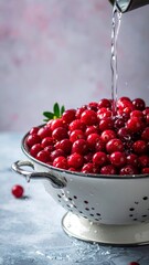Water Pouring Over Cranberries in Colander, Freshness and Preparation Concept, Generative AI