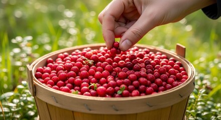 Hand Picking Lingonberries into Basket, Fresh Harvest and Foraging Concept, Generative AI