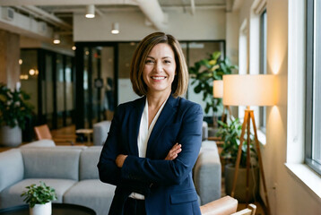 Obraz premium a professional businesswoman with a warm smile stands confidently in a modern open office setting with natural light high quality detailed