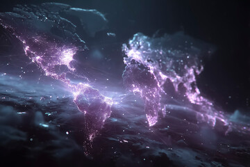 Futuristic glowing world map with neon nodes and global digital connections. Abstract technology background representing artificial intelligence, big data, blockchain, global communication and digital