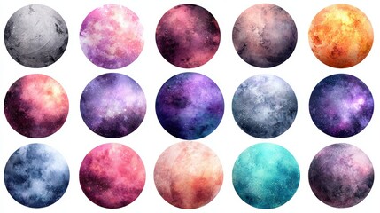 A vibrant collection of celestial spheres showcasing various colors and textures, ideal for backgrounds in digital art, sci-fi projects, and educational materials related to astronomy and space,