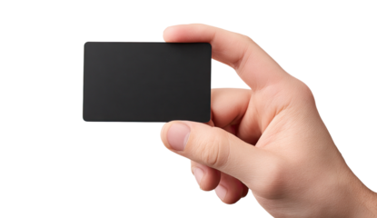 Human hand delicately holds a blank, black rectangular card against a transparent backdrop