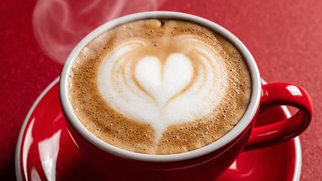 Top view hot cappuccino coffee with heart shaped cream art in red cup, romantic cozy beverage scene set on warm red tone surface background