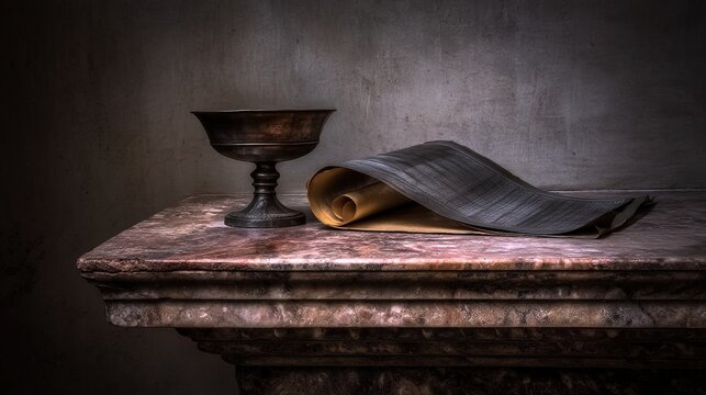 scroll. A classical kylix cup and an open scroll on a weathered marble pedestal. event programs, museum guides, designed for cultural heritage projects and event programs, supports education.