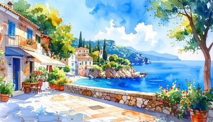 hand drawn watercolor painting of beautiful Mediterranean town. landmark painting
