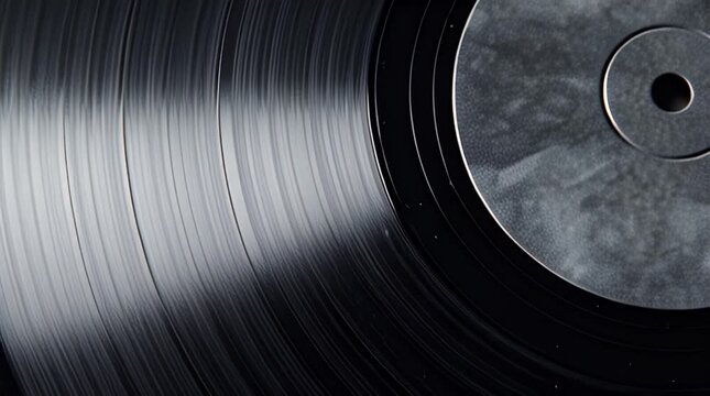 Abstract close-up shot of a vinyl record on rough stone, showing texture, grooves, and reflections of light