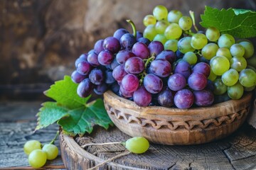 Fototapeta premium Ripe green and red grapes with vine leaves overflowing a wooden bowl, creating a rustic and inviting scene