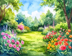 hand drawn watercolor painting of garden flowers. Landscape painting with blooming 