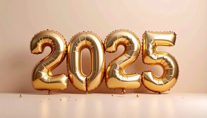 Balloon arrangement forming “2025” with gold and silver digits, flanked by pink and blue balloons.