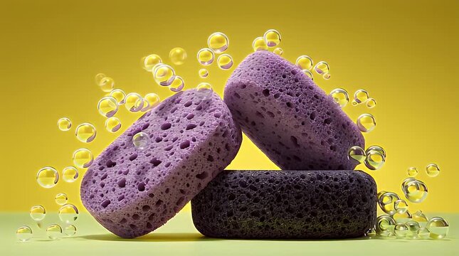 A stack of porous sponges surrounded by floating, transparent bubbles, against a vibrant two-tone yellow backdrop