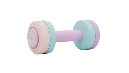 A pastel-colored dumbbell with pink, blue, and purple hues lies on a white surface.