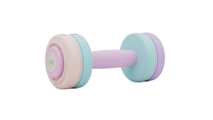 A pastel-colored dumbbell with pink, blue, and purple hues lies on a white surface.